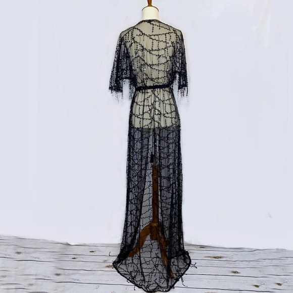 Sheer Black Lace Beach Coverup Robe with Sequins - Picture 10 of 14